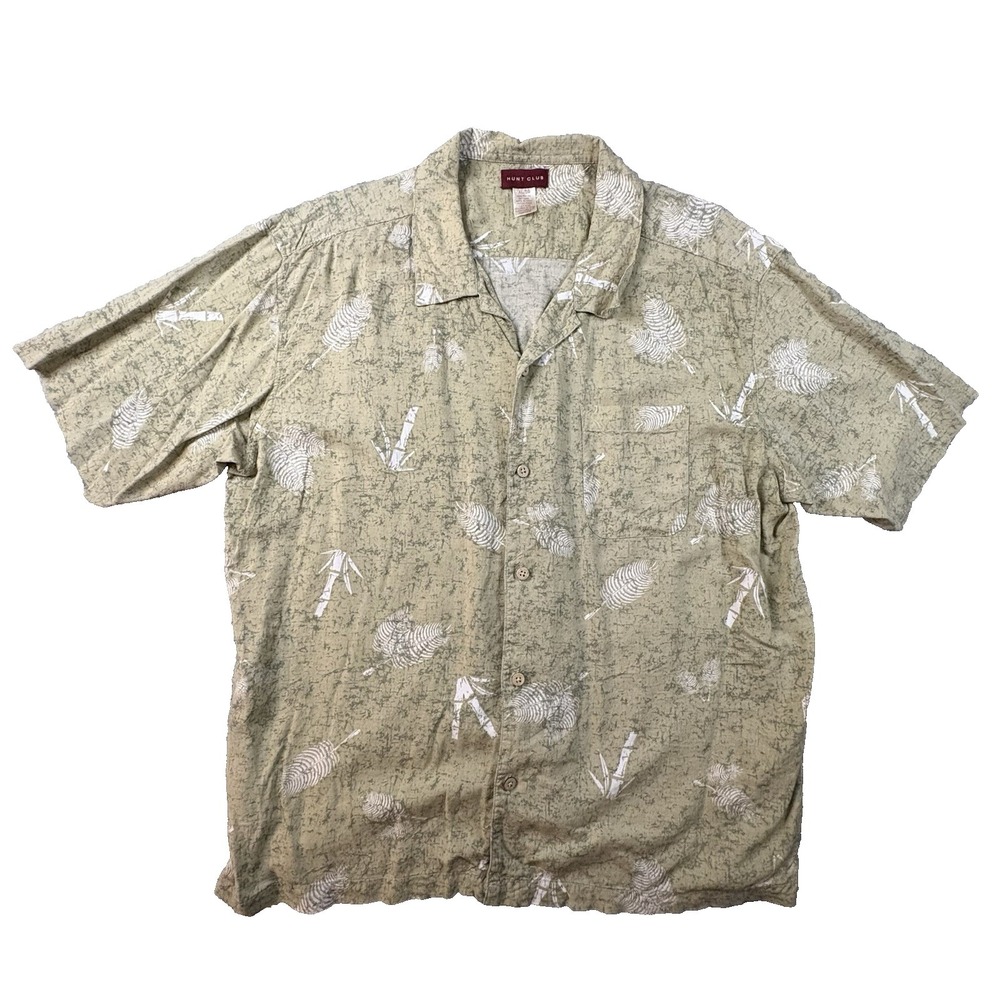 Hunt Club Men's XL Green Rayon Hawaiian Camp Shirt Tropical Leaf Bamboo SS